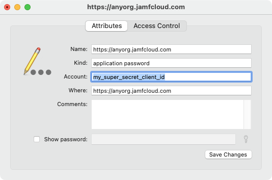 Example macOS Keychain entry for API credentials (client_id)