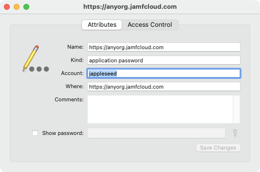 Example keychain entry for User credentials